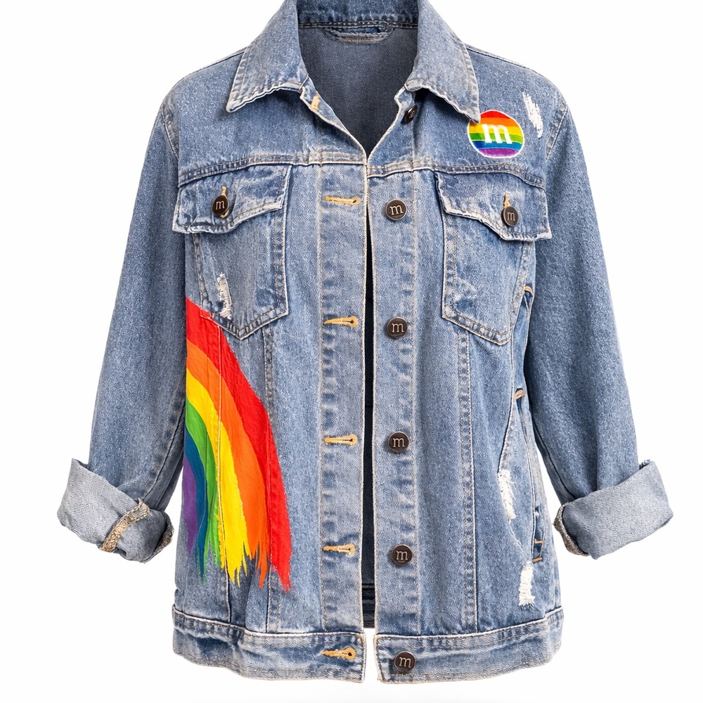 M&M’s Rainbow Denim Jacket Size L Distressed Colorful Graphic Cotton Denim